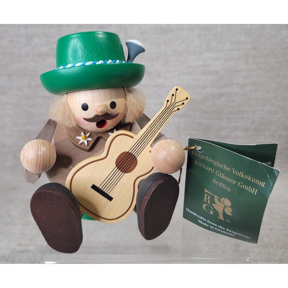 Richard Glasser Seiffen German Incense Smoker Musician with Guitar Erzgebirge